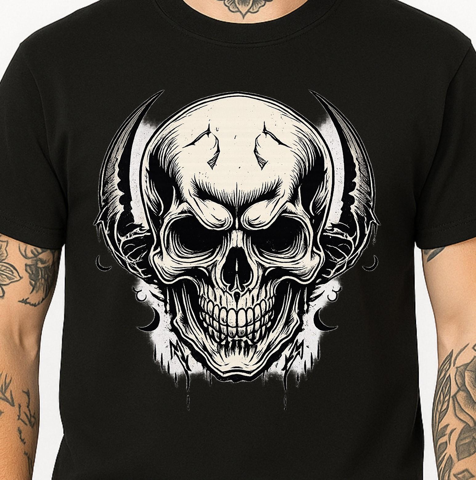 Demon Skull Horns Graphic Gothic Devil Biker Dark Horror Heavy Metal Tee. XXXL