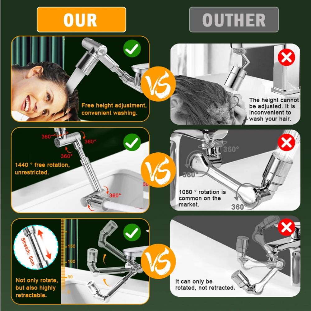 Verbesserter Metall 1440° Drehbarer Verlängerungs-Wasserhahn Sprühkopf Universal 2 Modi Badezimmerarmatur Verlängerungsadapter Belüfter Wasserhahn Verlängern