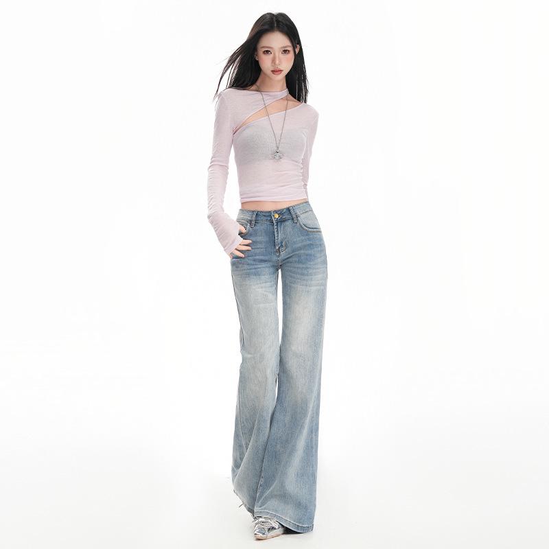 Ice Blue Women's Low-Waist Slim Fit Micro Flare Jeans - 2025 Trendy Extended Length Cropped Pants