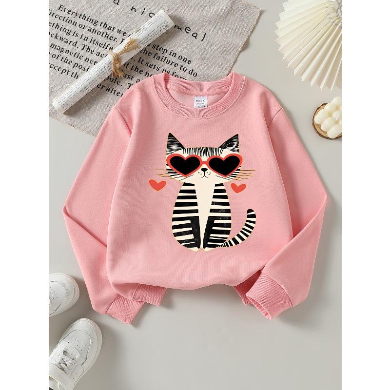 Kids Long‑Sleeve Crewneck Sweatshirt, Cool Striped Cat with Heart Sunglasses Print,Daily Casual Top for Spring & Autumn
