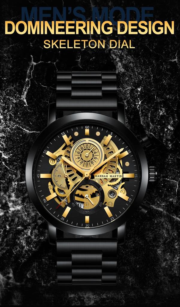 Calendar Black Business Steel Wristwatch Silver Face Black Men's Multi-Function Watch, Non-Mechanical, Gold, Waterproof, Trendy, Band, (1094YH Link)