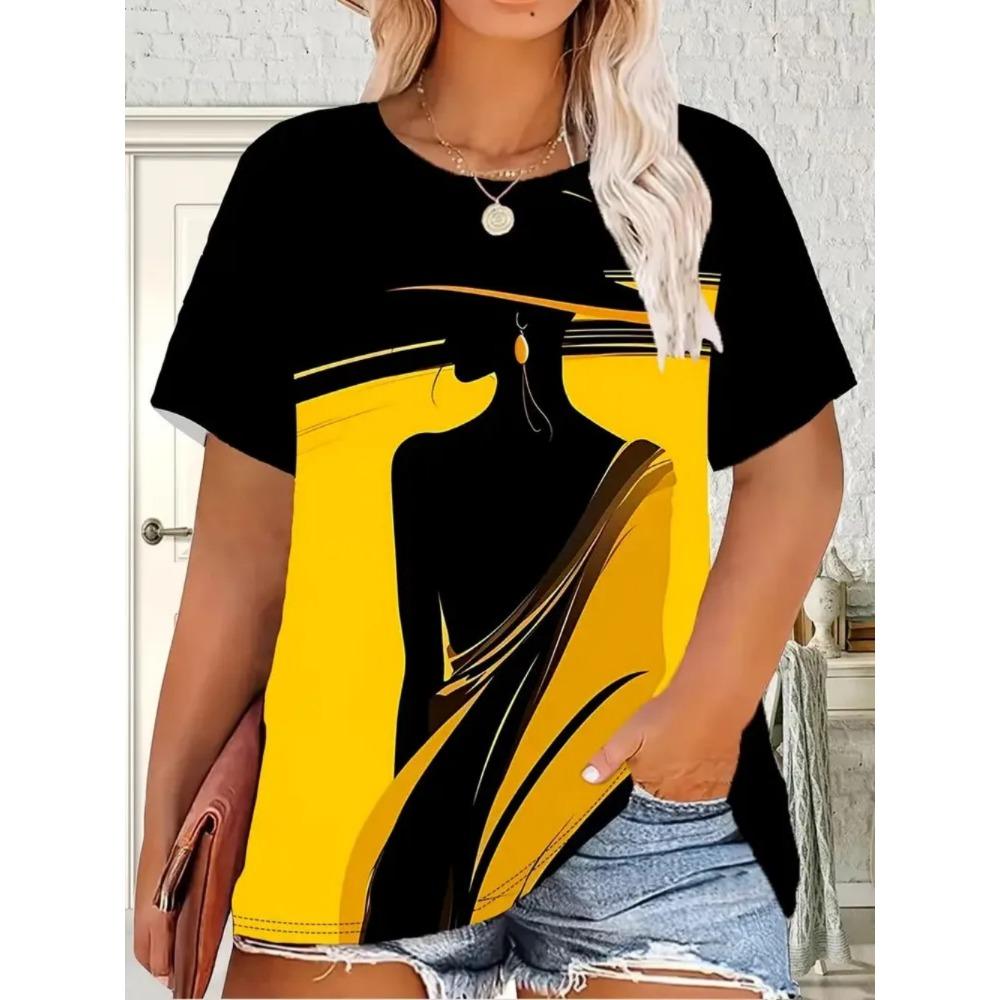 

Summer Fashion Women Pattern Loose Large Size Breathable Soft Comfortable Women s Short Sleeve T-Shirt 6XL жовтий