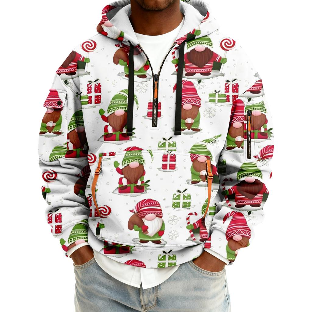 Men's Christmas Print Hooded Half-Zip Casual Sports Sweatshirt