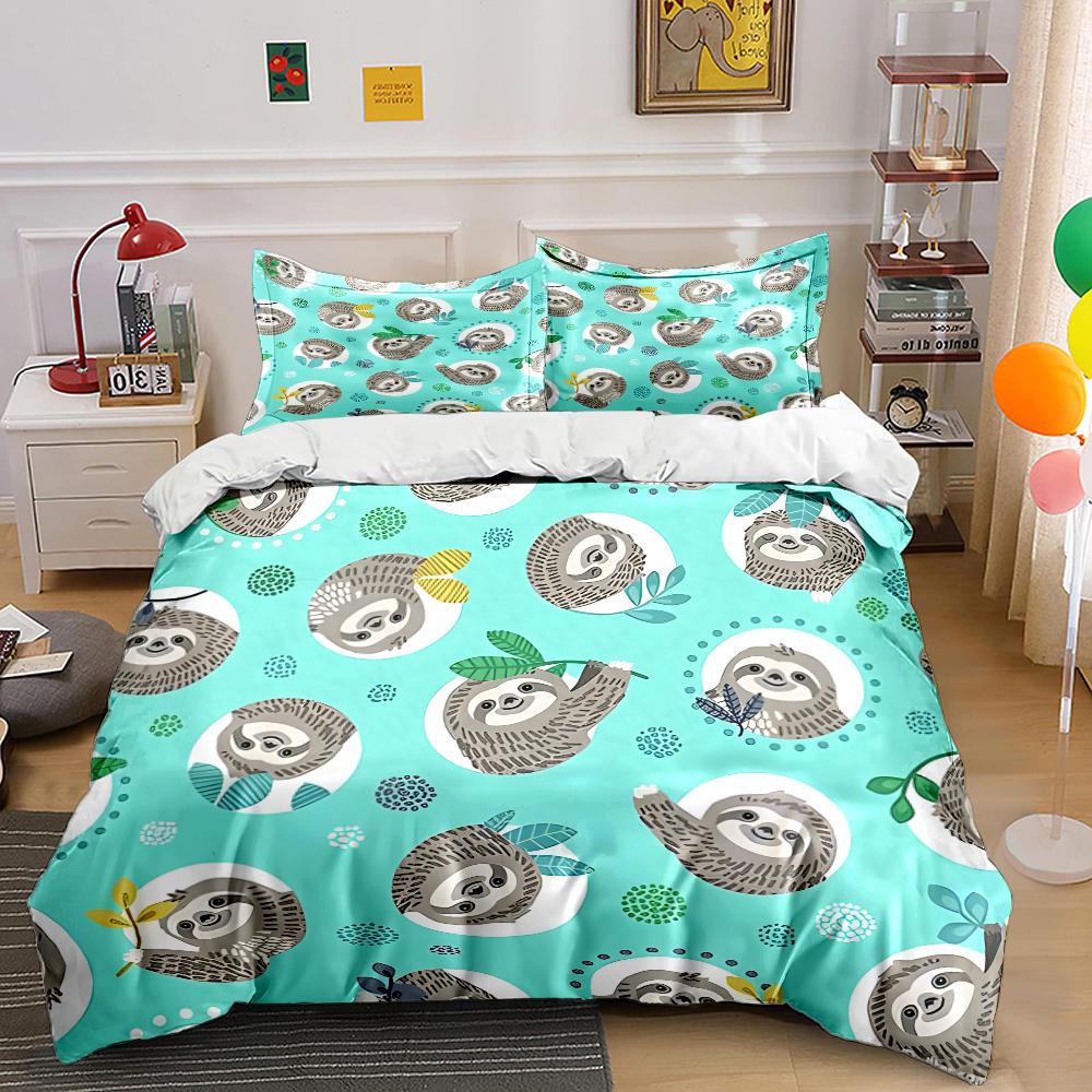 Cartoon Sloths With Leaf Designs Print Bedding Set 1 Duvet Cover 2 Pillowcases For Adult And Children Luxury Gift Full Size