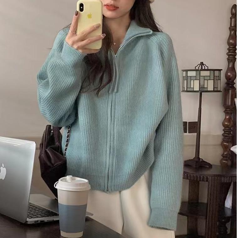 Solid color simple double zipper knitted cardigan top women's autumn and winter new loose lazy wind sweater jacket tide