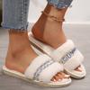 Fashion Fashion Rhinestone Fluffy House Slippers for Women 2025 Winter Warm Faux Fur Flat Slides Woman Open Toe One Strap Plush Slippers