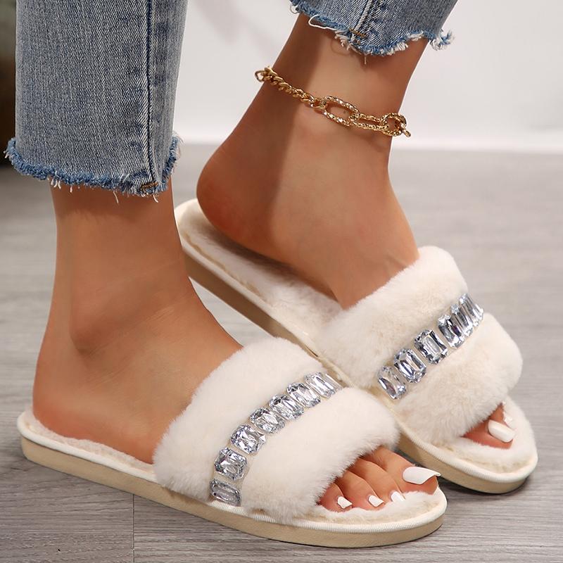 Fashion Fashion Rhinestone Fluffy House Slippers for Women 2025 Winter Warm Faux Fur Flat Slides Woman Open Toe One Strap Plush Slippers