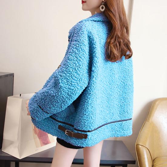 Winter Women Coat Single-breasted Turn-down Collar Long Sleeves Loose Thick Plush Pockets Belt Decor Windproof Warm Jacket