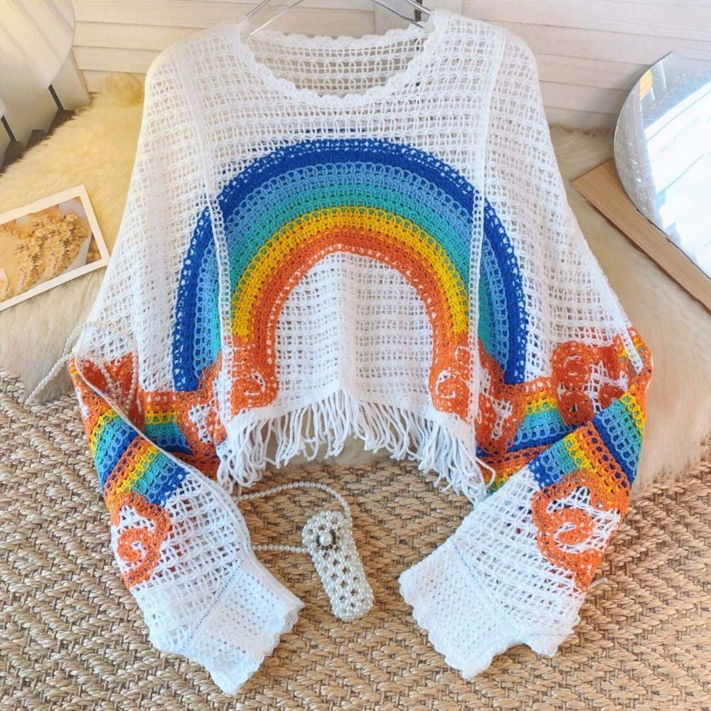 Hollow Rainbow Crochet Top Cloud Knitted Tassel Pullover Breathable   Beach белый