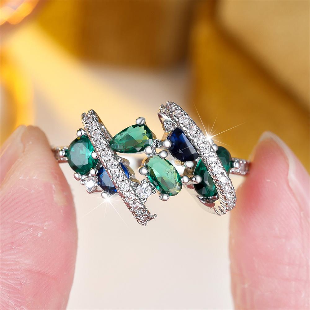 Green Crystal Geometric Stone Blue Zircon Rings For Women Vintage CopperColor Engagement Wedding Jewelry Bridal Valentine Gifts