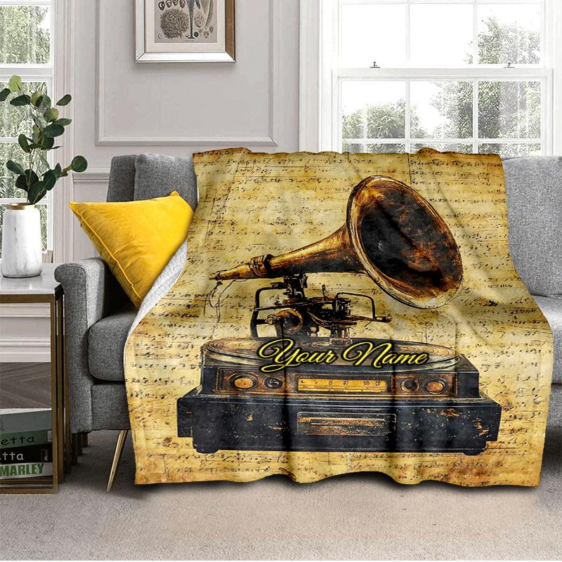 1PC Custom Name Vintage Gramophone Music Flannel blankets Patterns Throw Blanket All-Season Soft Gift for Couch, Bed, Camping gifts