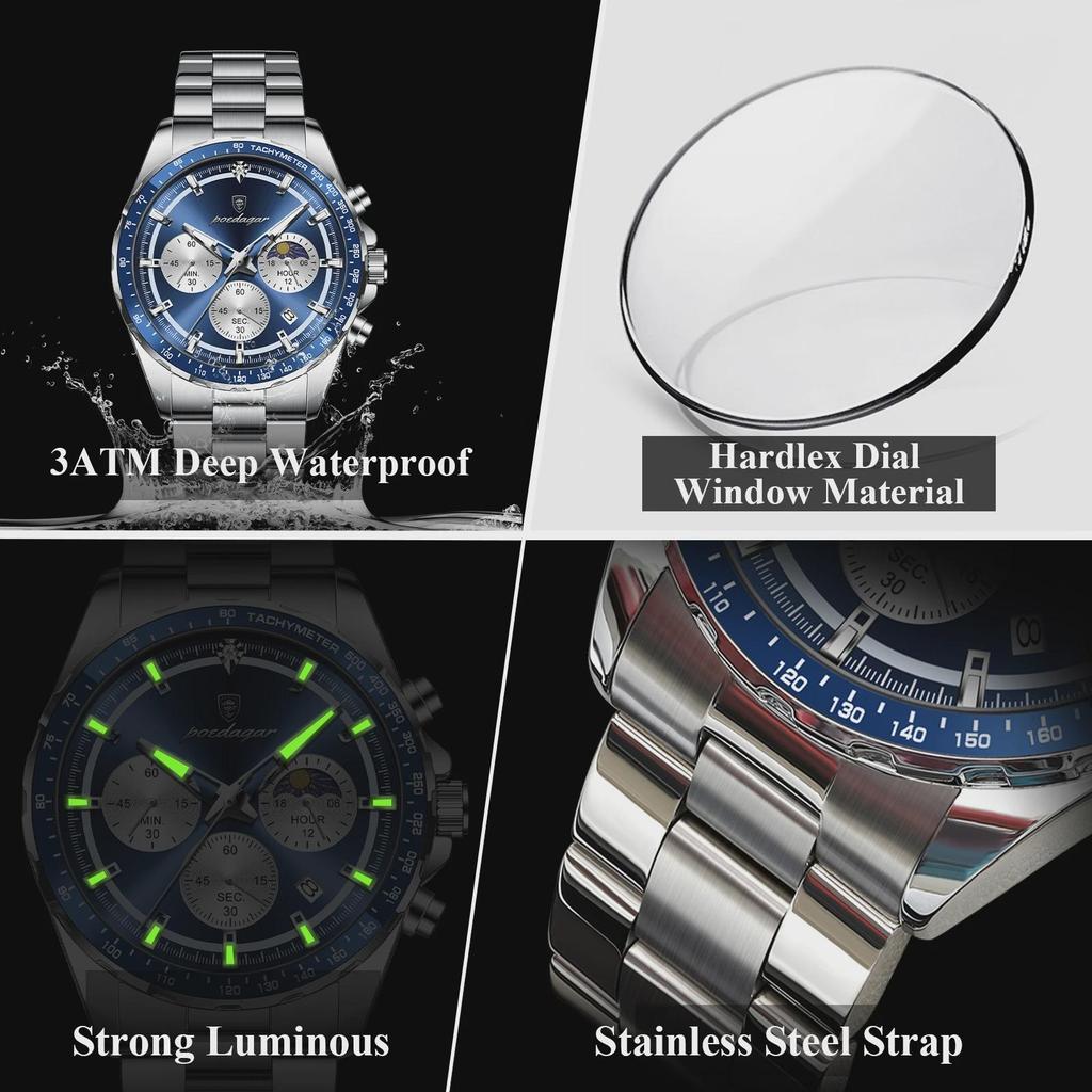 POEDAGAR Luxury Sport Watch For Men Waterproof Luminous Date Chronograph Man Wristwatch Stainless Steel Men's Quartz Watches