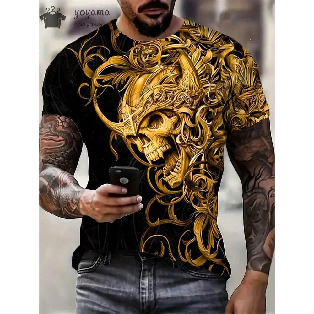 Skräckskalletryck för män T-shirt 3D-tryck Vintage o-halsad kortärmad mode överdimensionerade T-shirts Herr sommar streetkläder