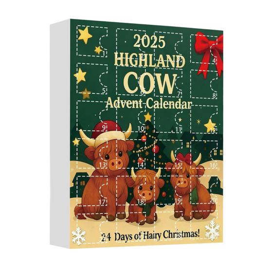 Highlandská kráva Adventní kalendář 2025 24denní krabička pro odpočítávání Vánoc s ozdobami Multifunkční dekorace na stromeček a sváteční zábava pro děti