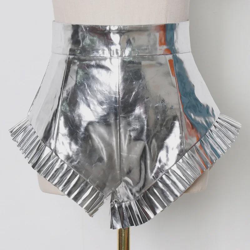 2025 Summer High Waist Zippered Pleated Silver PU Shorts for Women