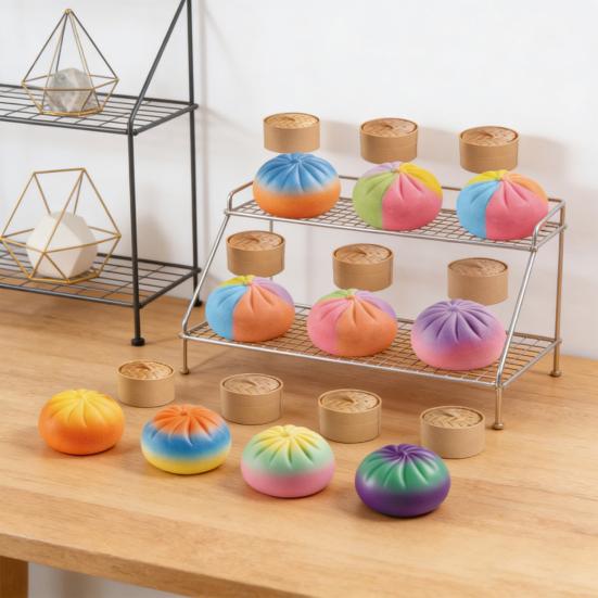 Colorful Steamed Bun Toy with Steamer Stress Relief Multicolor Dumpling Squeeze Sensory Toy Stress Ball Simulated Dough Ball Fidget Toy