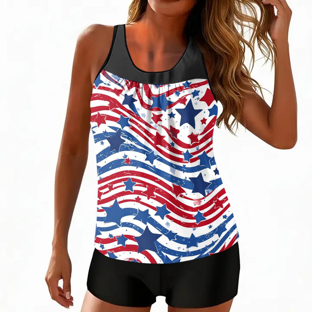 Women's Sleeveless Tankini Top and Shorts Set with Star and Stripe Print Comfortable Swimwear for Beach Pool