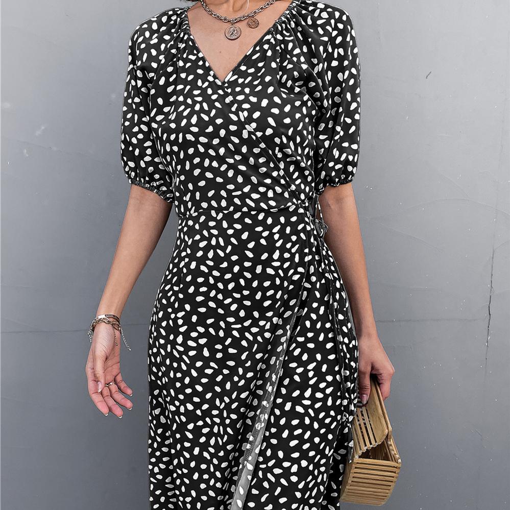 YYFS Damenmode Sommer Frühling Blumenmuster Druck Kurzarm V-Ausschnitt Hohe Taille Freizeitkleider