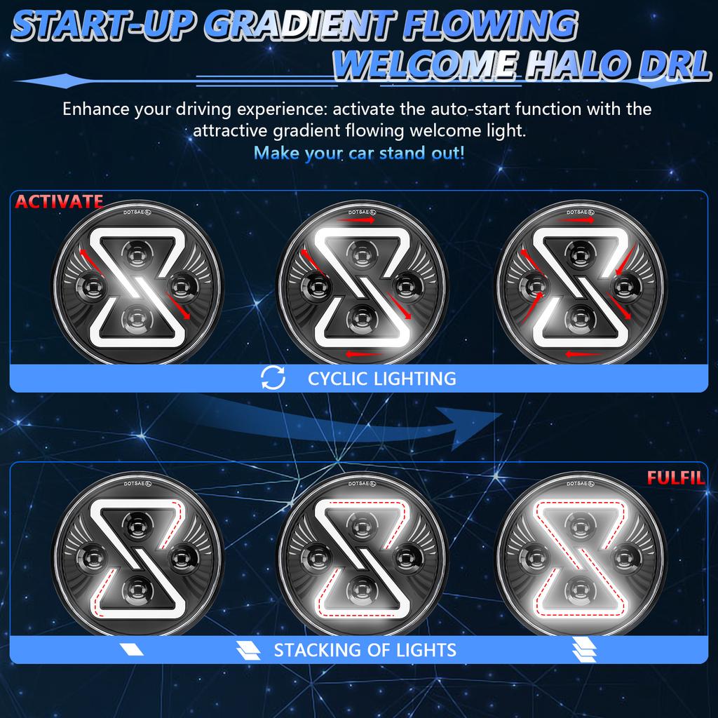 7 Inch LED Headlight Motorcycle Off Road Vehicle 8 Shape Angel Eye High Low Beam DRL Turn Signal Lamp