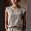 Lniany top z krótkim rękawem w stylu retro z damskim koronkowym patchworkiem, okrągły dekolt, luźny i wyszczuplający, letnia oddychająca lniana koszulka