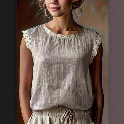 Top de Linho Retro com Manga Curta e Patchwork de Renda Feminino Gola Redonda, Solto e Emagrecimento, Camiseta de Linho Respirável de Verão