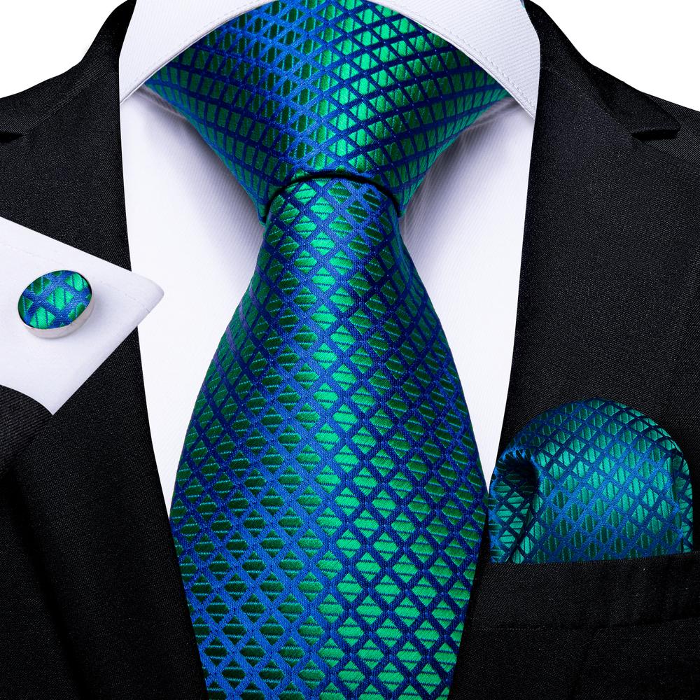 Hi-Tie Petrolgrün Uni Karomuster Seide Hochzeitskrawatte für Herren Neuheit Krawatte Einstecktuch Manschettenknöpfe Business Party Dropshipping Mode Design blue