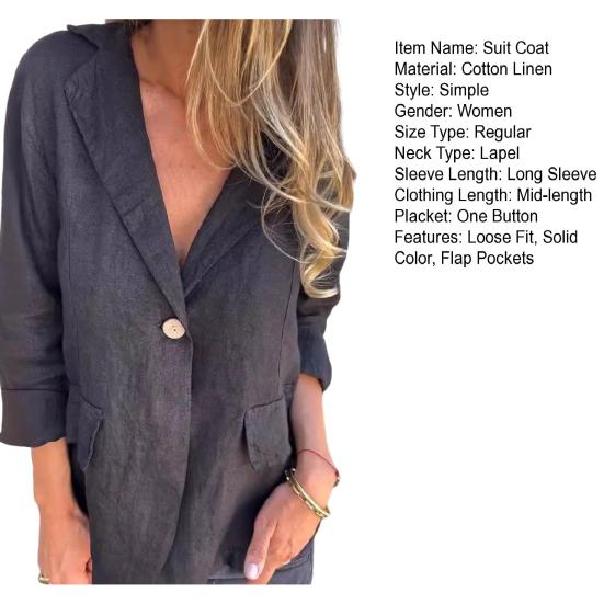 Coat Lapel Long Sleeve Flap Pockets Suit Jacket Solid Color One Button Loose Work