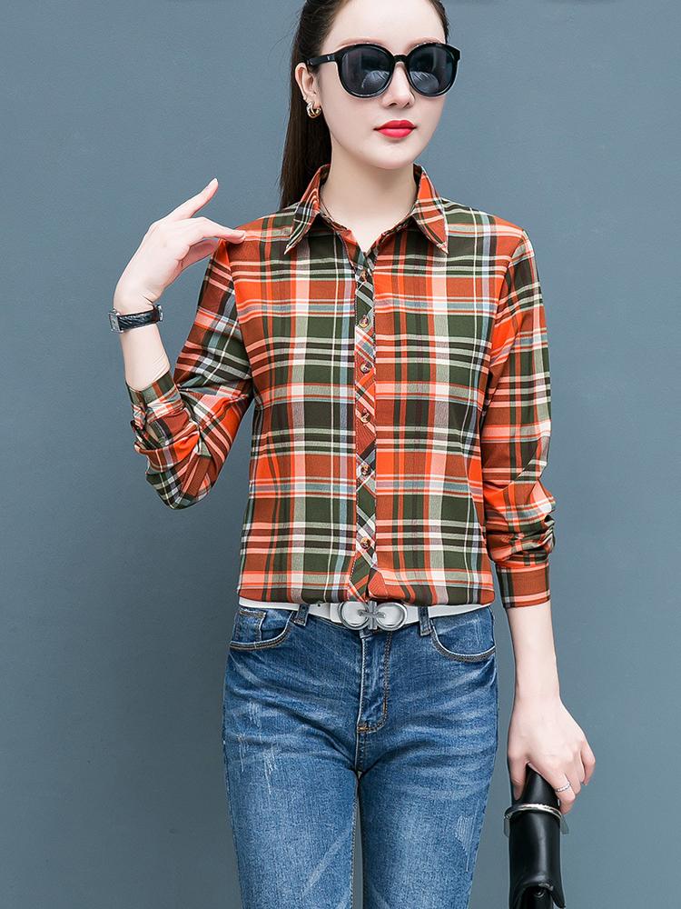 Geruit Overhemd Dames Honderd Dames Tops Los Retro Hong Kong Smaak Lange Mouw Overhemd