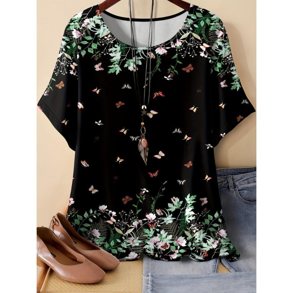 XL-7XL Übergröße Damen T-Shirts Damen O-Ausschnitt Mode 3D Floral Farbbedrucktes Oberteil Kurzarm T-shirt