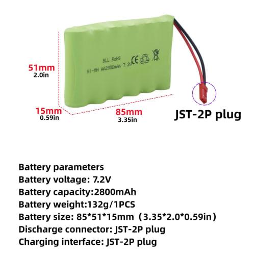 2PCS 7.2V 2800mAh AA Rechargeable NiMH Batteries with JST-2P Plug and USB Charging Cable, New Version for TR-211, TR-212, TR-215, and 550 RC Excavator