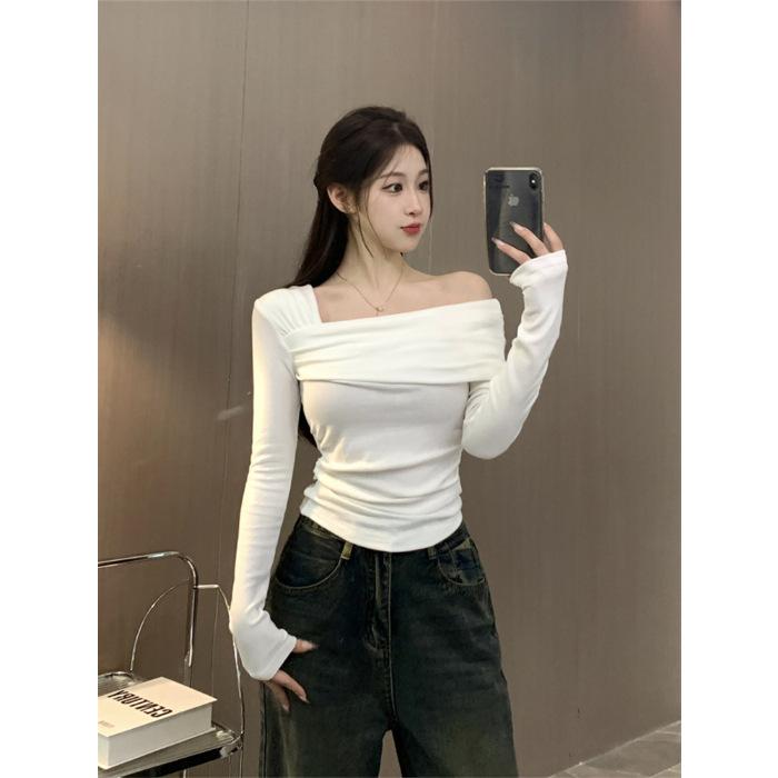Women's Off Shoulder Asymmetrical Neck Long Sleeve Top Slim Fit Elegant Commuter Solid Color Brushed Fleece Fall Skinny Base Layer T-Shirt