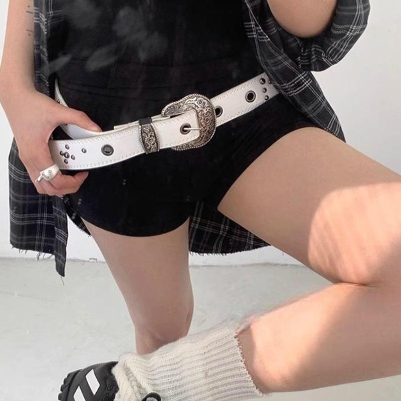 Antique Rivets Studded Waist Belt With Engraved Pattern Buckles PU Leather Pin Buckles Waistband For Women Jeans Pants