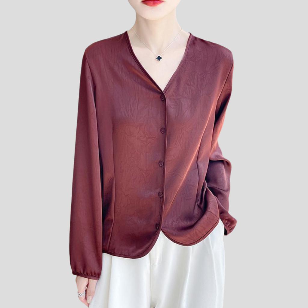Women's Luxury Satin Blouse Long Sleeve Loose V-Neck Shirt Spring and Summer