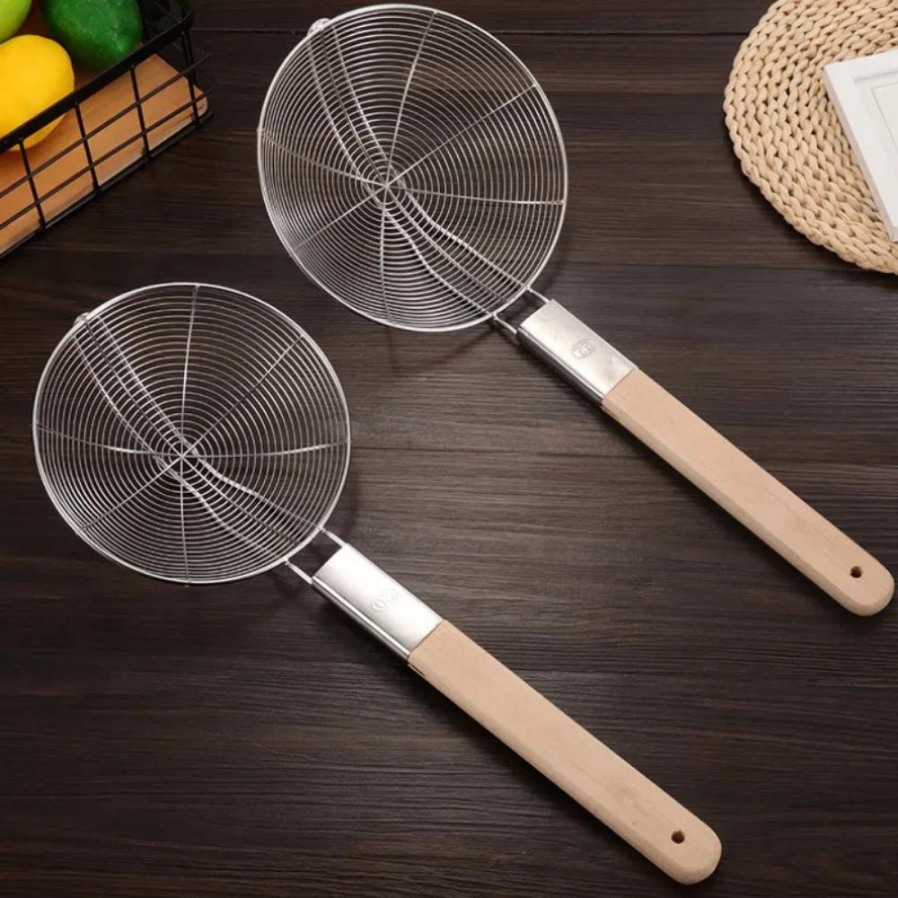 New 20/22cm Large Colander Stainless Steel Wooden Handle Food Filter Spoon Sieve Spoon Cooking Gadgets