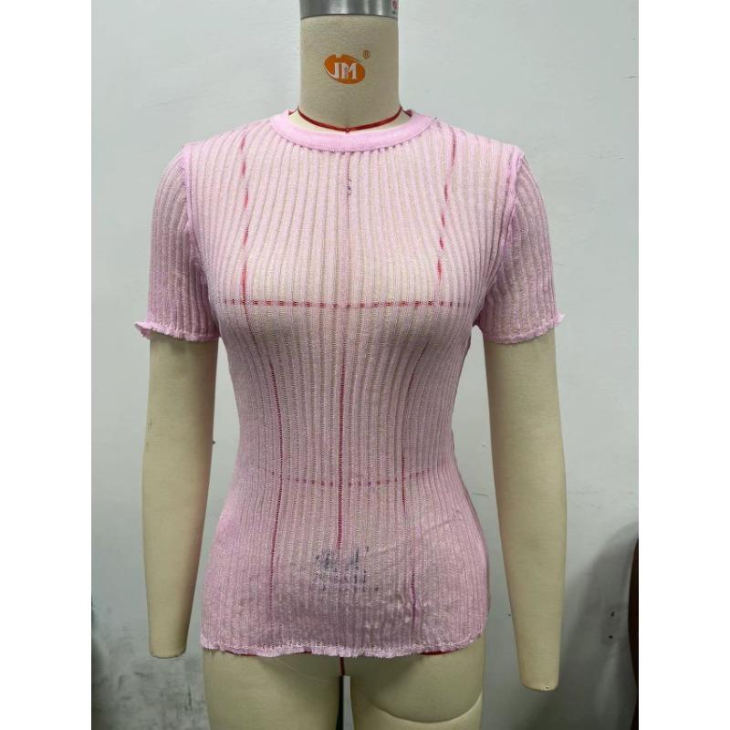 

Весенне-летний топ из тонкой и дышащей трикотажной шерсти с короткими рукавами и круглым вырезом L розовый