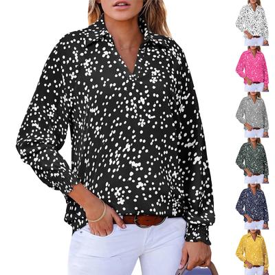 Women's Tops V-Neck Long Sleeve Polka Dot Printed Drawstring Blouse