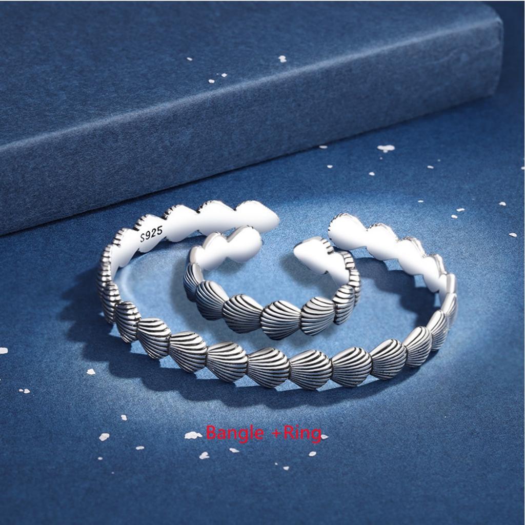 Buyee 925 Sterling Silver Couples Jewelry Sets Shell Shape Simple Open Bangle Ring for Woman Man Fashion Fine Jewelry Circle