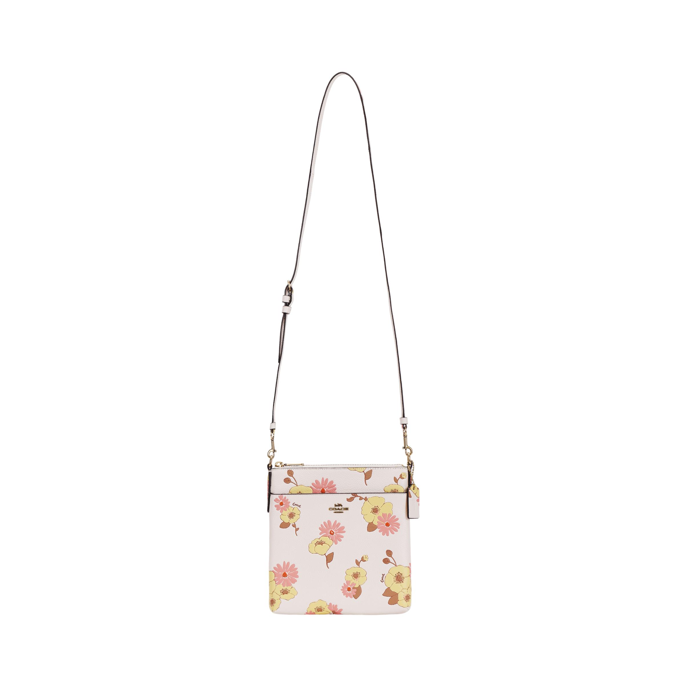 Coach Leather Crossbody Bag With Floral Print In White For Women Daily Use Basic Set (Bag+Dust Bag)