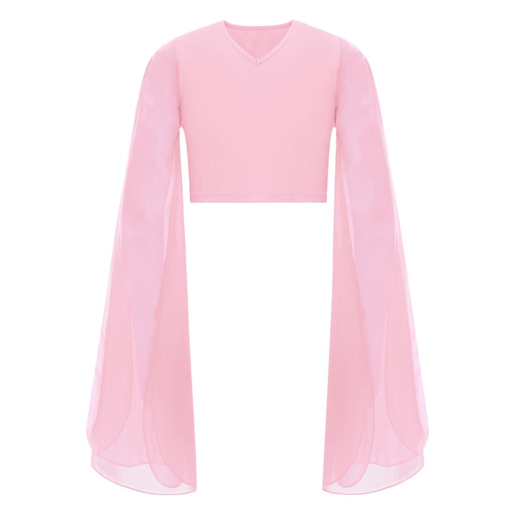 Girls Classical Dance Crop Top: V Neck Split Flared Sleeves Elegant Top for Practice Performance
