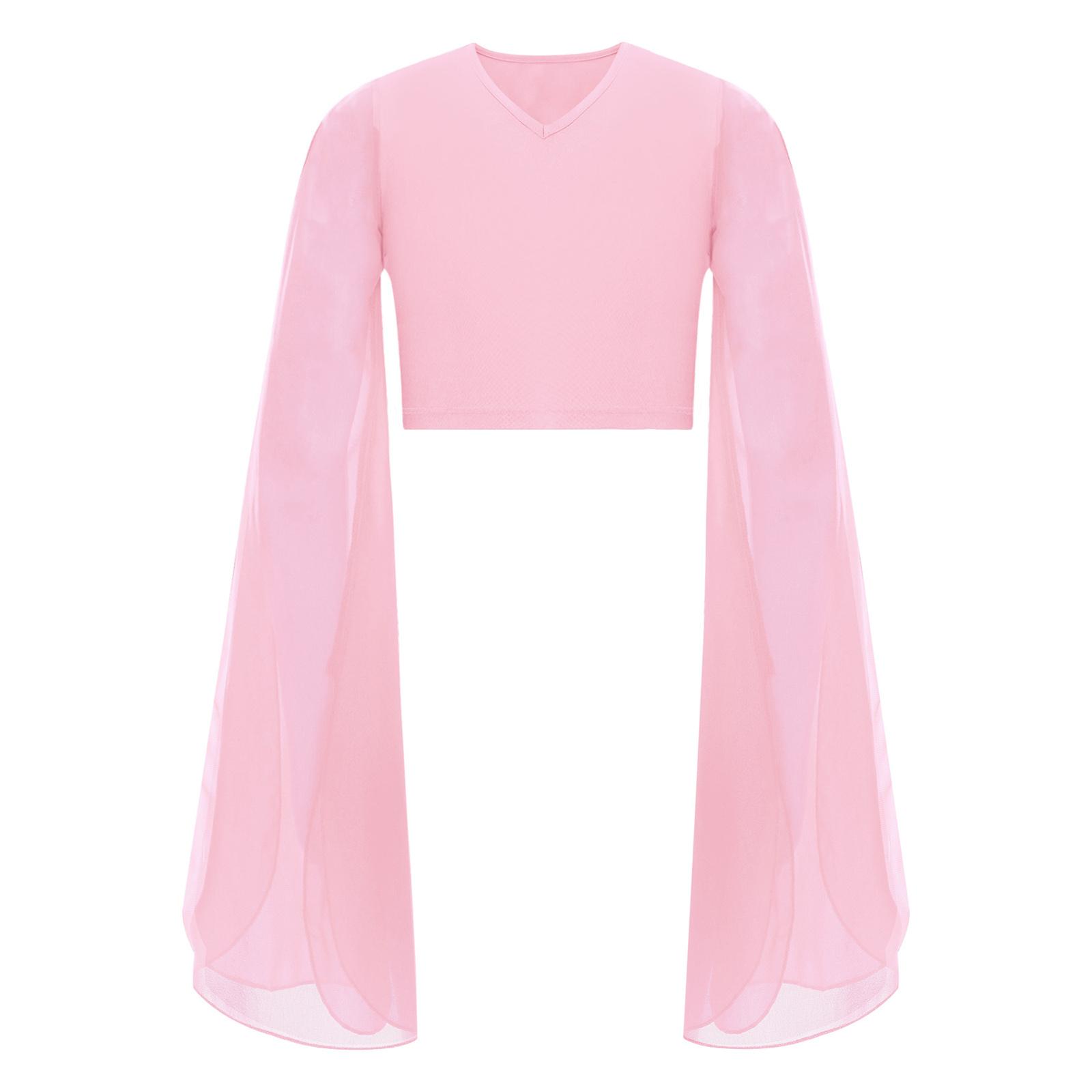 

Kids Classical Dancewear Top: V Neck Flared Sleeves Split Crop Top for Performance Practice 13-14 Years рожевий