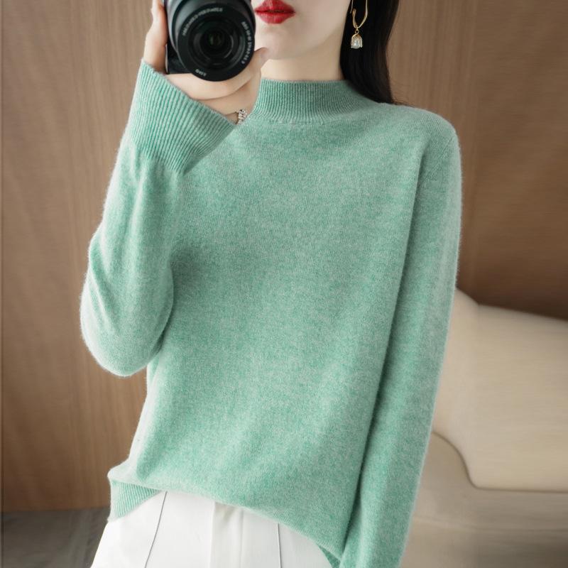 Autumn Winter Sweater Women's Korean Slim Pullover Sweater Half High Neck Knitted Sweater Short Style Solid Color Base Sweater Casual Sweater
