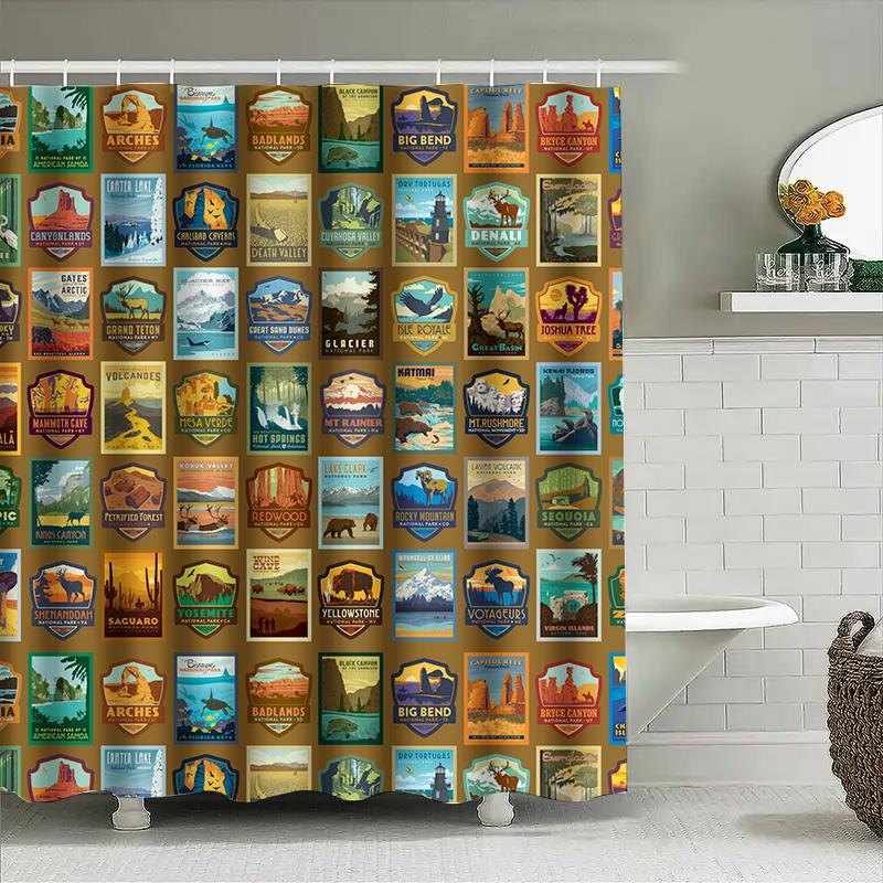 Vintage National Parks Poster Shower Curtain Nature Inspired Decor For Bathroom
