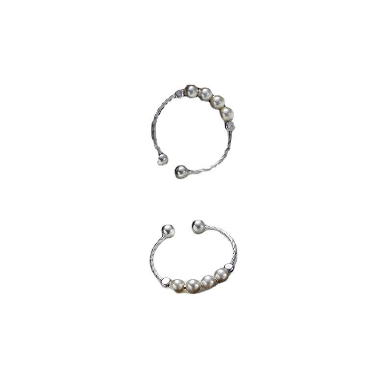 Bague ouverte vintage en argent S925 plaqué perle pour femmes