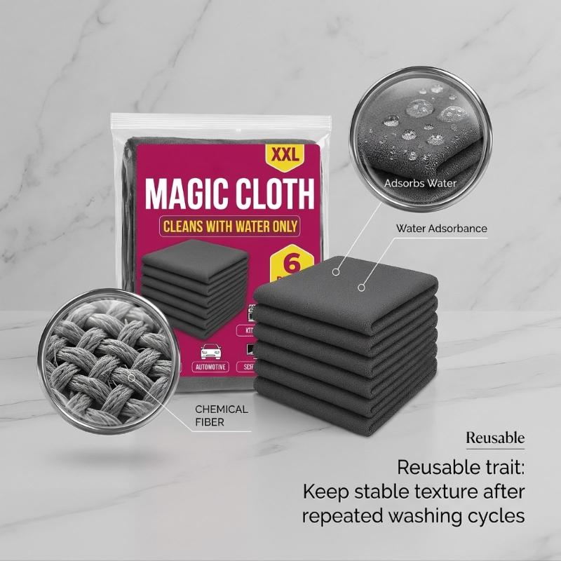 Multi Surfaces Wiping Cloth Set, 6 Absorbent Cleaning Rags Reusable for Wet & Dry Use on Window, Mirrors, Dining Tables, Kitchen Areas & Automotive