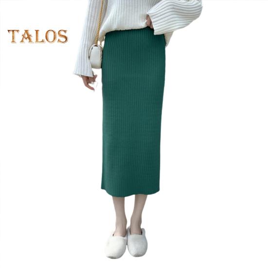 Women Knitting Skirt High Waist Back Slit Design Solid Color Midi Skirt Soft Breathable Thickened Warm Hip Wrapped Skirt