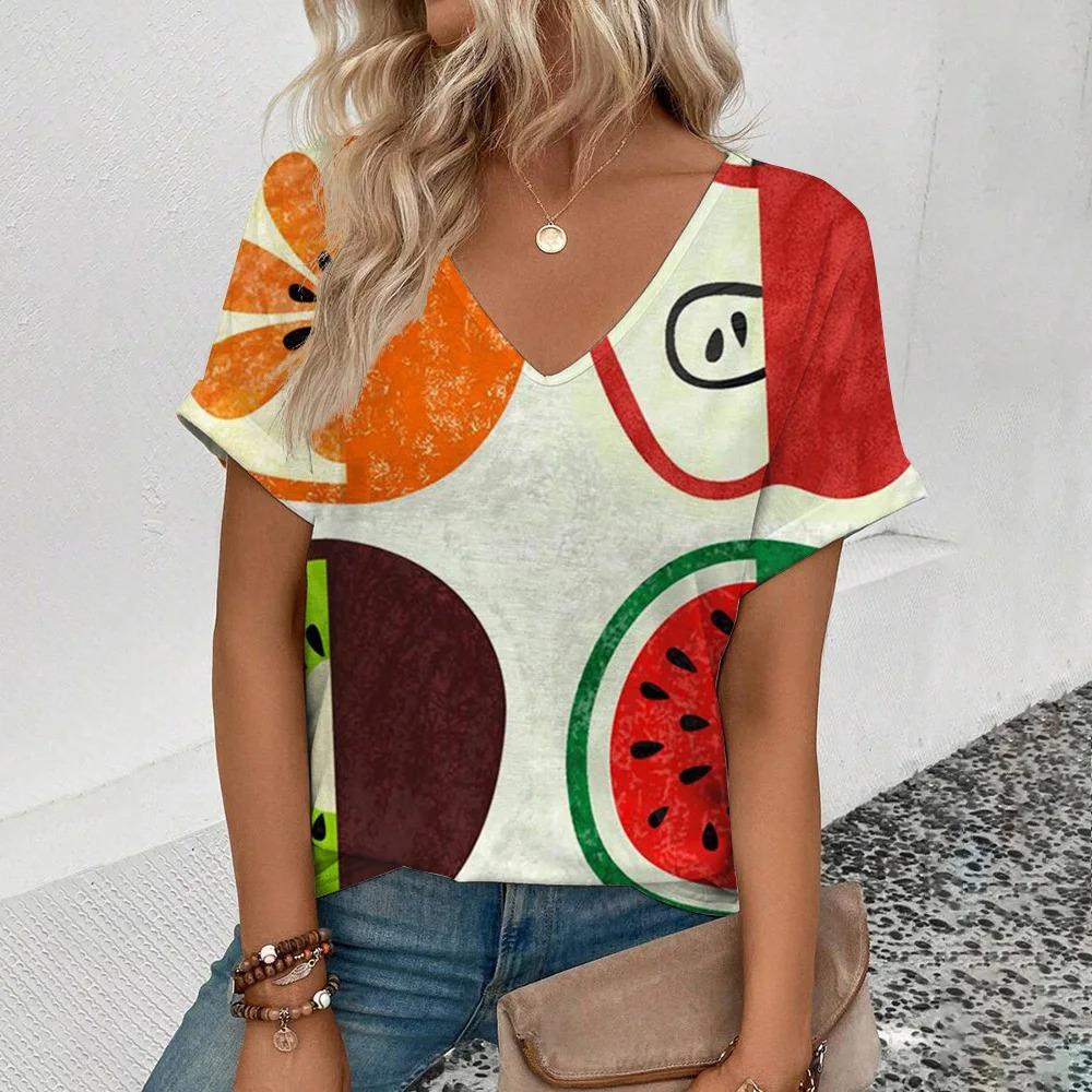 Damski letni T-shirt 3D z dekoltem w serek, modny, z krótkim rękawem, z zabawnym wzorem owocowym, cienki, luźny, casualowy, duży, oddychający, wkładany przez głowę