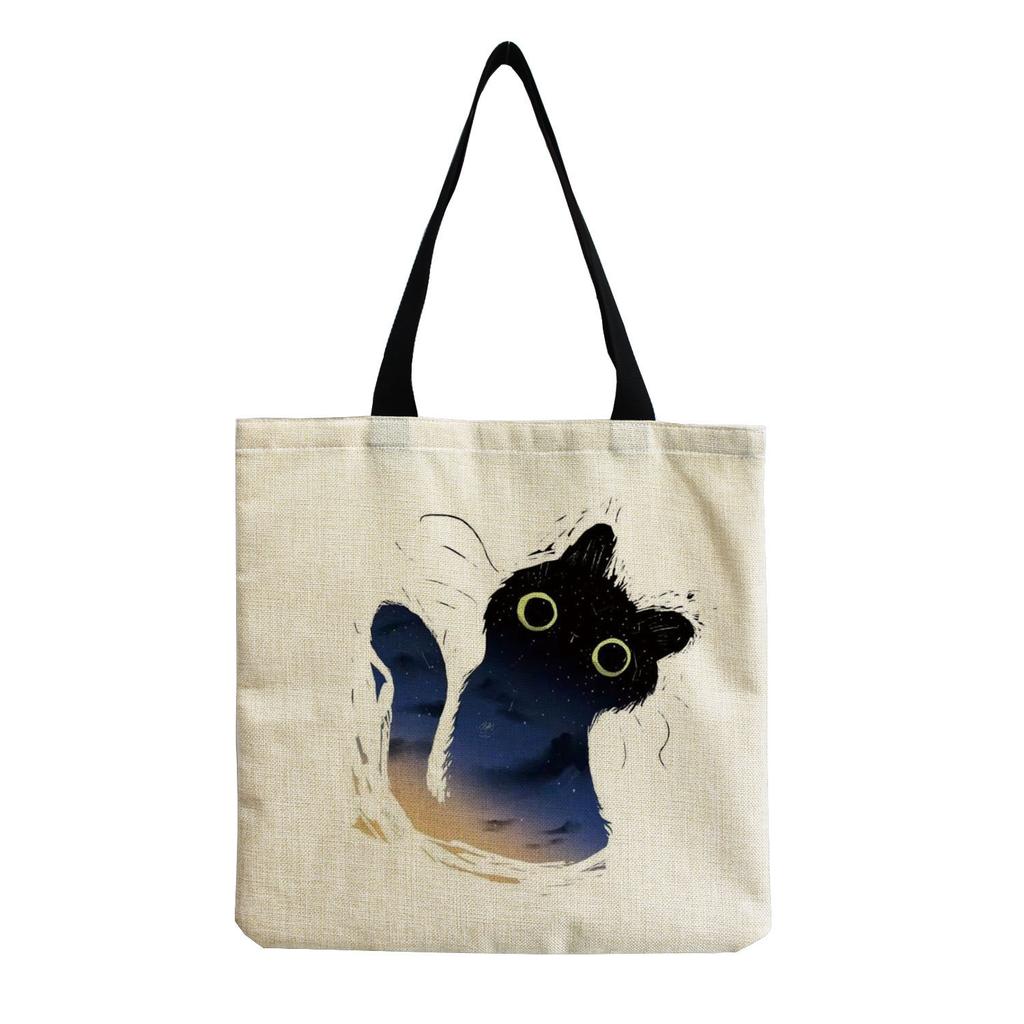 Women Vintage Linen Tote Bag - Large Capacity Cat Print Shoulder Handbag for Casual & Grocery Shopping KTB