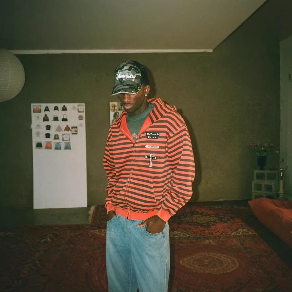 Herren- und Damen-Modetrend Harajuku ins High Street gestreifter Reißverschluss-Hoodie Y2k Europäische und amerikanische Kleidung