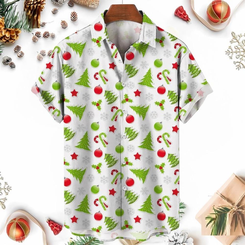 Retro Style Christmas Tree Reindeer Snowflake Printed Short Sleeved Shirt for Men and Women Christmas Holiday Loose Casual Shirt