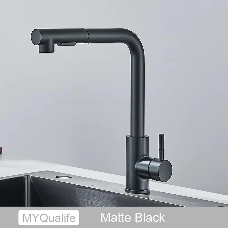 

Stainless steel kitchen faucet with pull-type swivel head, black and silver finish, telescopic expansion and hot-cooled water mo чёрный
